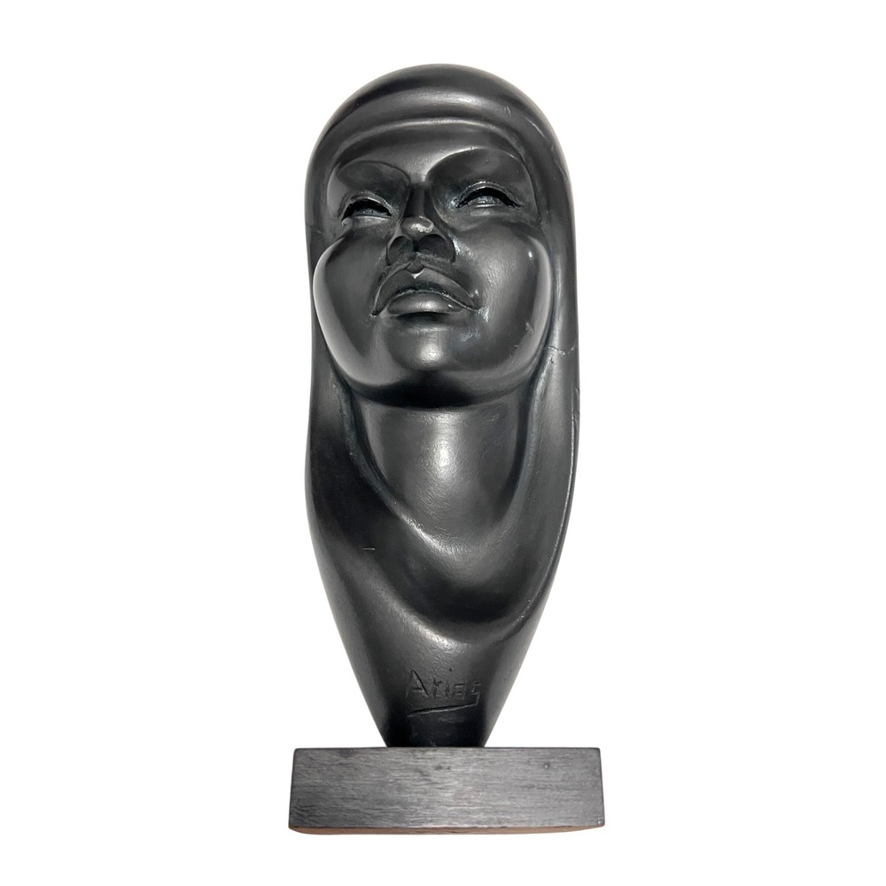 Arias Wood Sculpture Bust Pewter Color Vintage Signed Folk Bolivian Art 1967 MCM